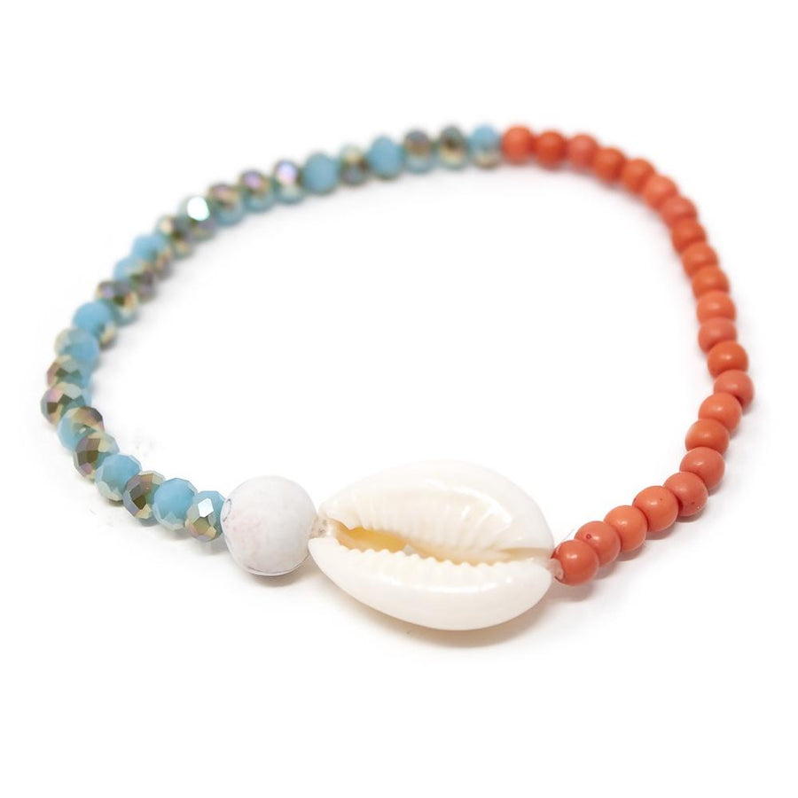 Cowrie Shell Glass Beaded Stretch Bracelet Turquoise and Coral - Mimmic Fashion Jewelry