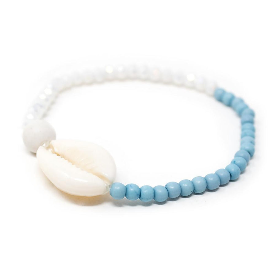 Cowrie Shell Glass Beaded Stretch Bracelet White and Turquoise - Mimmic Fashion Jewelry
