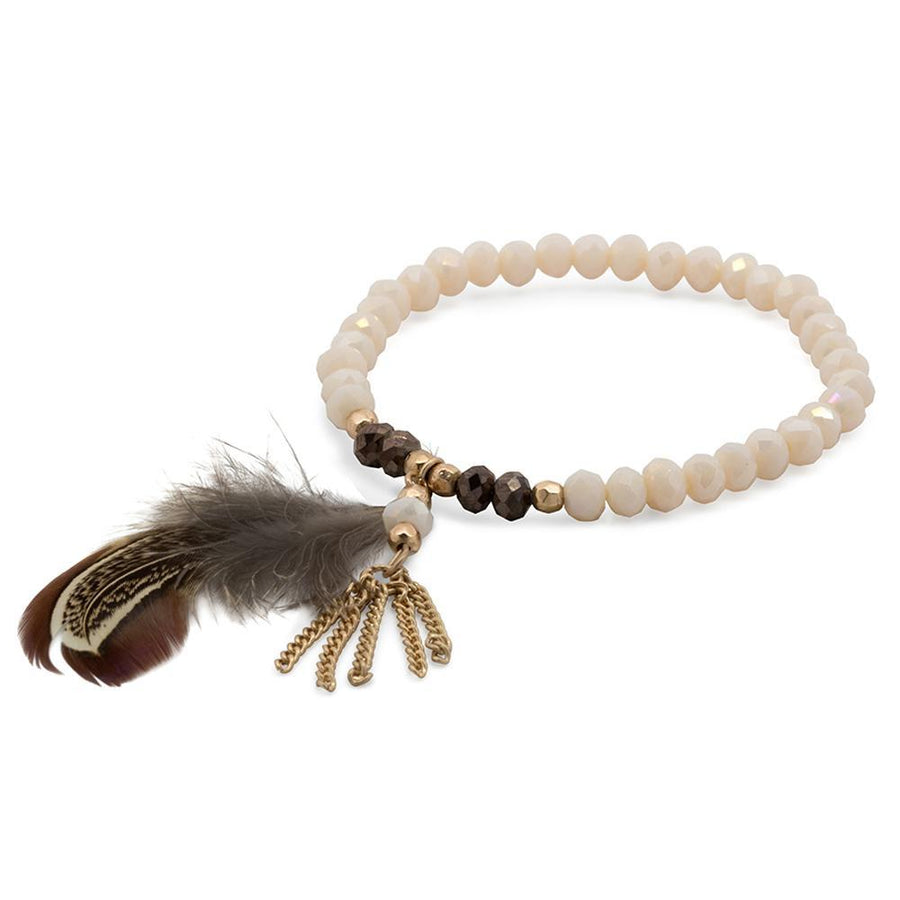 Cream Glass Bead Bracelet Feather Pendant Gold Tone - Mimmic Fashion Jewelry