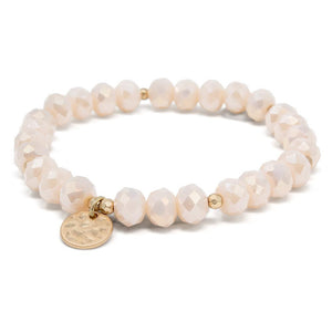 Cream Glass Bead Bracelet with Disc Charm Gold Tone - Mimmic Fashion Jewelry
