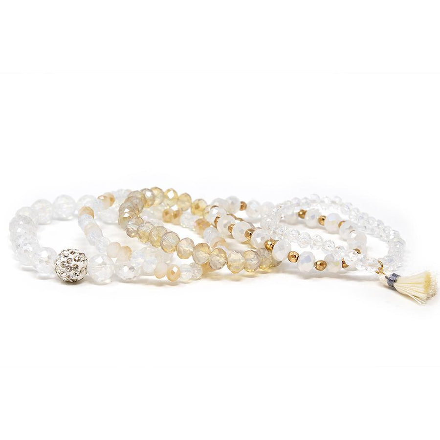 Cream Glass Bead Stretch Bracelets with Tassel - Mimmic Fashion Jewelry