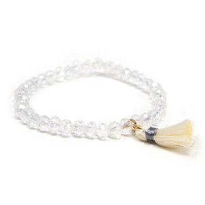 Cream Glass Bead Stretch Bracelets with Tassel - Mimmic Fashion Jewelry