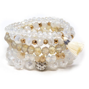 Cream Glass Bead Stretch Bracelets with Tassel - Mimmic Fashion Jewelry