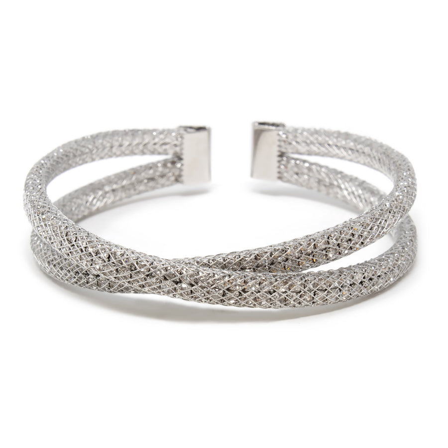 Crystal Mesh Cross Open Cuff Bangle Silver Tone - Mimmic Fashion Jewelry