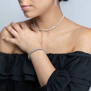 Crystal Mesh Crossed Cuff Bangle Silver Tone - Mimmic Fashion Jewelry
