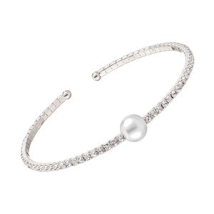 Crystal and Center Pearl Memory Wire Bracelet Silvertone