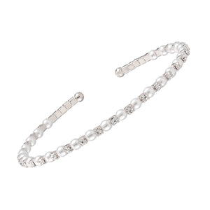 Crystal and Pearl Memory Wire Bracelet Silvertone