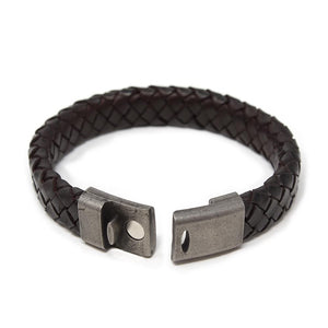 Dark Bn Braided Leather Bracelet W Antique Silver Clasp - Mimmic Fashion Jewelry