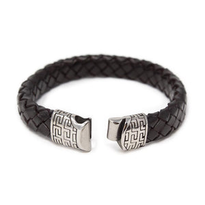 Dark Bn Braided Leather Bracelet W Greek Clasp Silver T - Mimmic Fashion Jewelry
