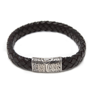 Dark Bn Braided Leather Bracelet W Greek Clasp Silver T - Mimmic Fashion Jewelry