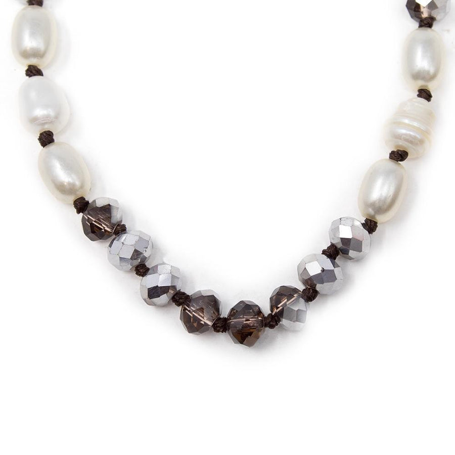 Dark Grey Faceted Glass Bead Long Necklace with Pearls Station - Mimmic Fashion Jewelry
