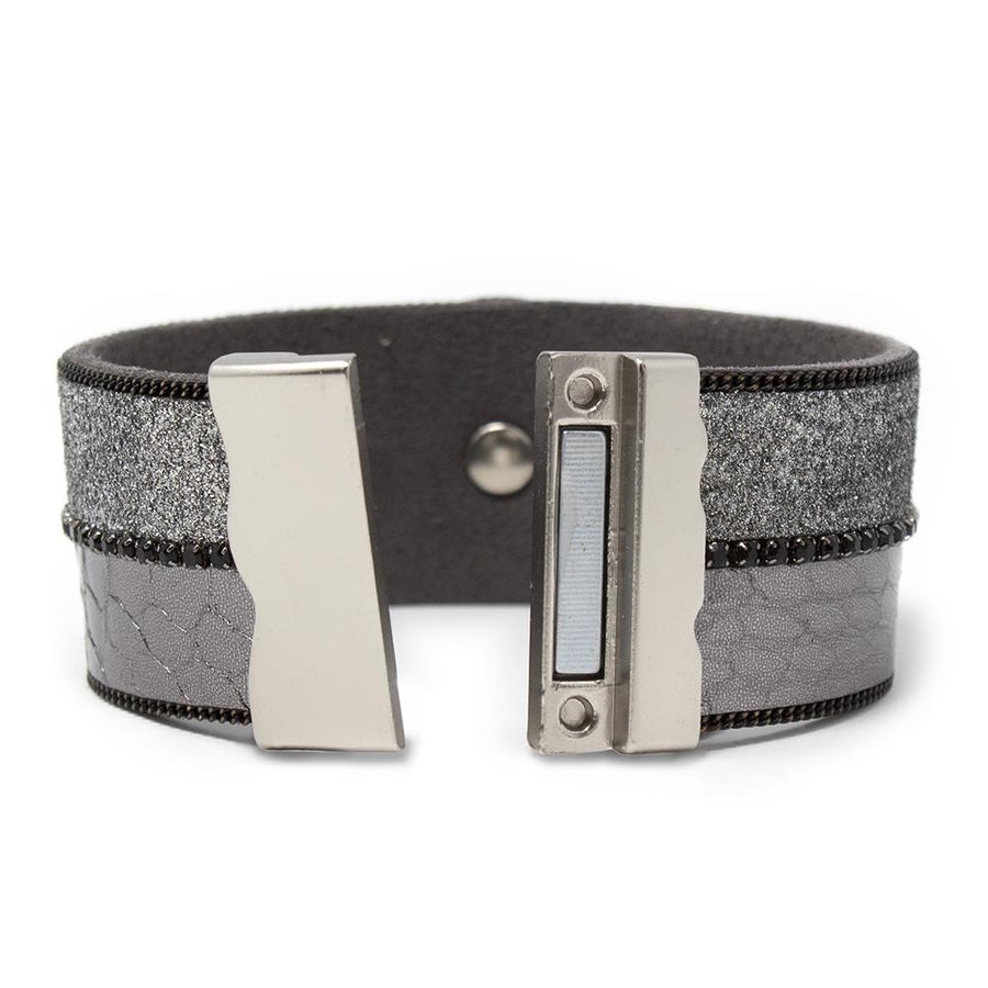 Disc Station Leather Bracelet Snake Print Grey - Mimmic Fashion Jewelry