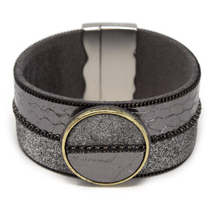 Disc Station Leather Bracelet Snake Print Grey - Mimmic Fashion Jewelry
