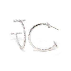 Double Bar Inside Out CZ Hoop Earrings Rhodium Pl - Mimmic Fashion Jewelry