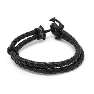 Double Black Braided Leather Black IP Stainless St Anchor Bracelet - Mimmic Fashion Jewelry