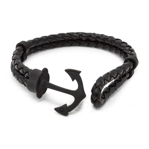 Double Black Braided Leather Black IP Stainless St Anchor Bracelet - Mimmic Fashion Jewelry