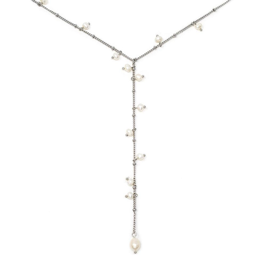 Double Chain Lariat Neckalce with Pearl Charms Rhodium Plated - Mimmic Fashion Jewelry