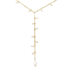 Double Chain Lariat Necklace with Pearl Charms Gold Plated - Mimmic Fashion Jewelry