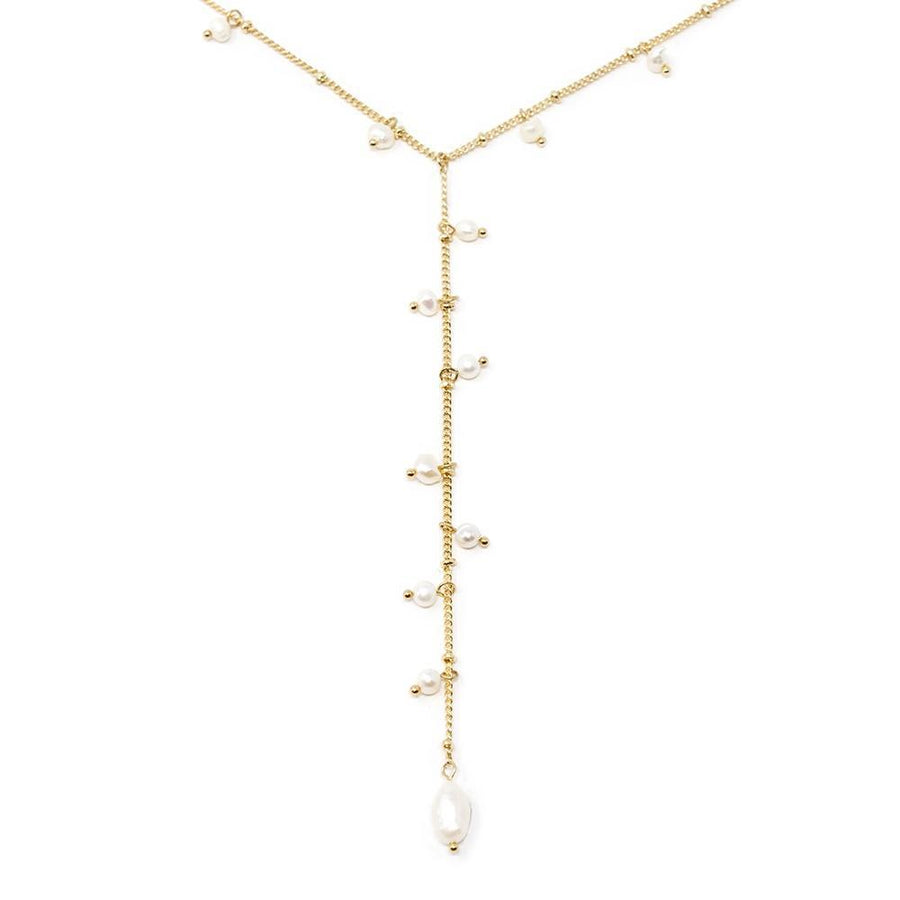Double Chain Lariat Necklace with Pearl Charms Gold Plated - Mimmic Fashion Jewelry