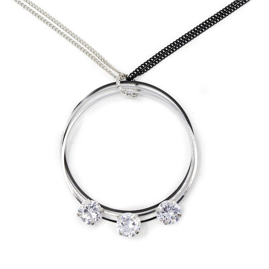 Double Chain Necklace Three Rings with CZ Black/Rhodium Plated - Mimmic Fashion Jewelry
