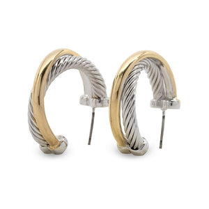 Earrings Cross Over Two Tone J Hoop Medium - Mimmic Fashion Jewelry