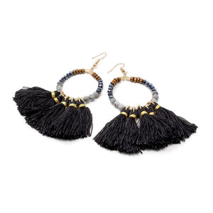 Earrings Ring Pendant w Tassels Black - Mimmic Fashion Jewelry
