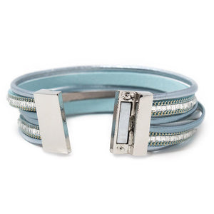 Eight Row Leather Bracelet with Crystal Aqua - Mimmic Fashion Jewelry