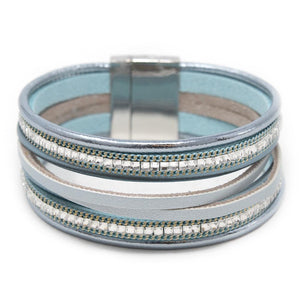 Eight Row Leather Bracelet with Crystal Aqua - Mimmic Fashion Jewelry