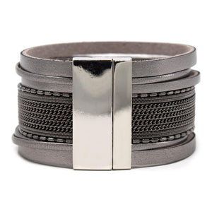 Eight Row Wide Leather Bracelet with Chain Grey Metal Tone - Mimmic Fashion Jewelry