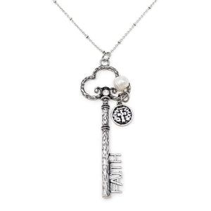 Faith Key with Pearl Charm Necklace Antique Silver - Mimmic Fashion Jewelry