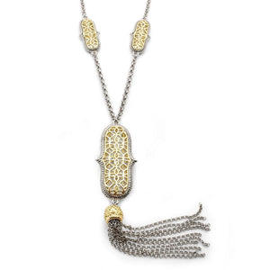 Fancy Filigree With Tassel Pendant Neck 2Tone - Mimmic Fashion Jewelry