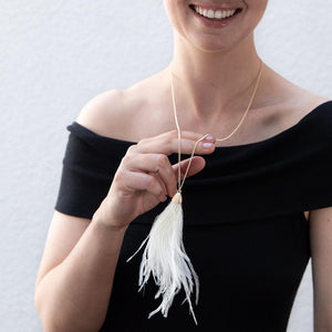 Feather Tassel Pendant Long Necklace White - Mimmic Fashion Jewelry