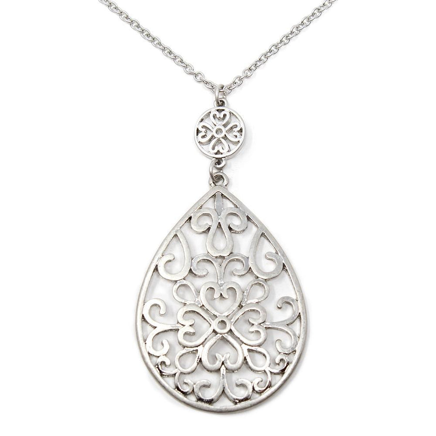 Filigree Teardrop Long Neck Rhodium Pl - Mimmic Fashion Jewelry