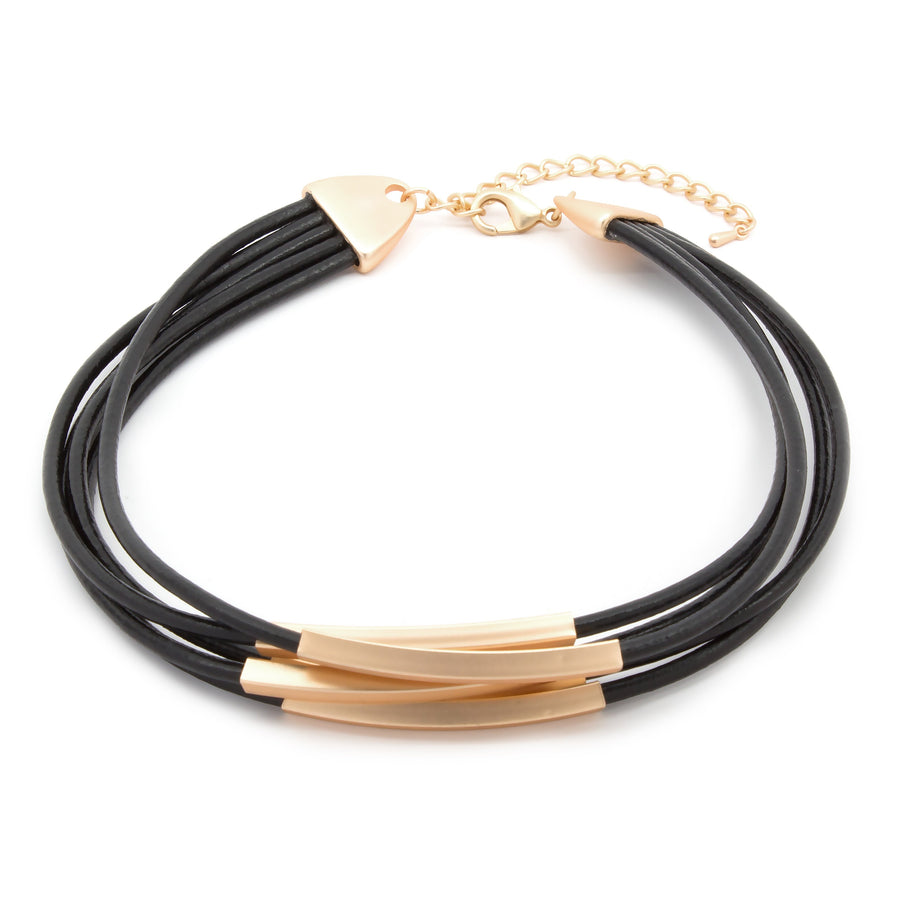Five Layer Leather Choker Gold Metal Accent Black - Mimmic Fashion Jewelry