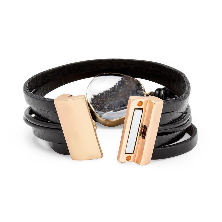 5 Row Black Leather Bracelet Geode Gld Bk - Mimmic Fashion Jewelry