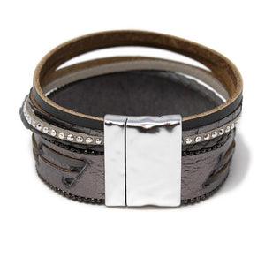 Five Row Braided Leather Bracelet Grey - Mimmic Fashion Jewelry