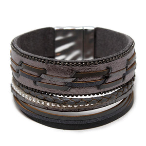 Five Row Braided Leather Bracelet Grey - Mimmic Fashion Jewelry