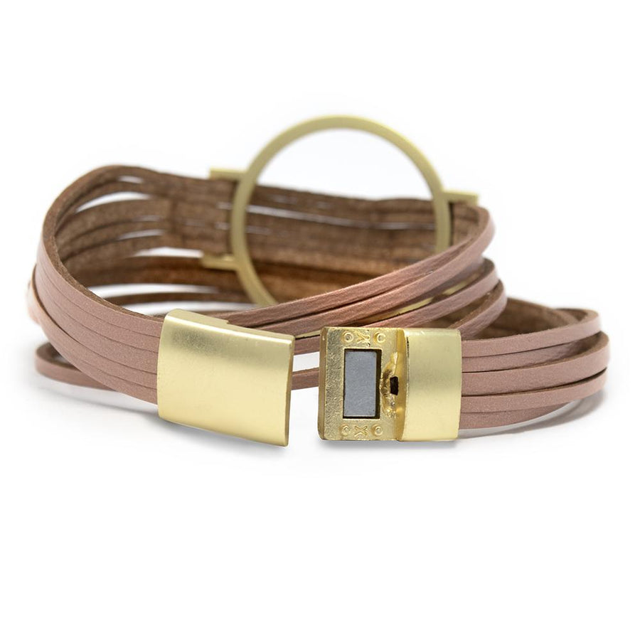 Five String Leather Wrap Bracelet with Gold Accent Pink - Mimmic Fashion Jewelry