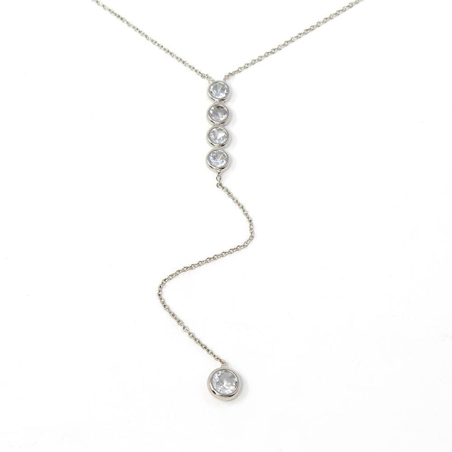 Four Round CZ Drop Lariat Necklace Silver Tone - Mimmic Fashion Jewelry