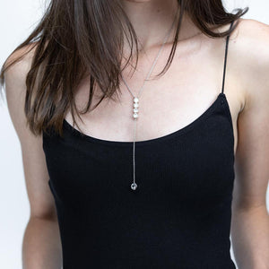 Four Round CZ Drop Lariat Necklace Silver Tone - Mimmic Fashion Jewelry
