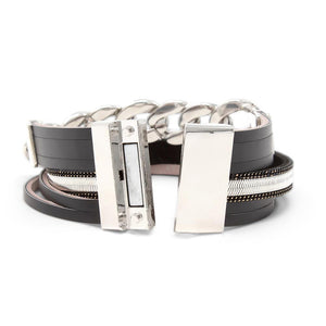4 Row Leather Bracelet w Curb Chain Station Black - Mimmic Fashion Jewelry