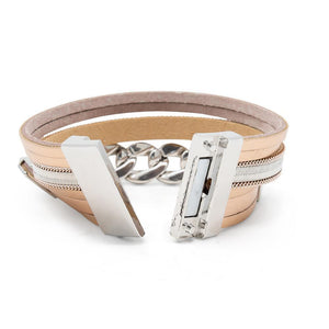 4 Row Leather Bracelet w Curb Chain Station Rose Gold T - Mimmic Fashion Jewelry