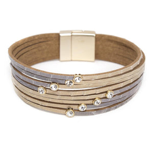 Gold Eight Row Leather Bracelet with Pave CZ - Mimmic Fashion Jewelry