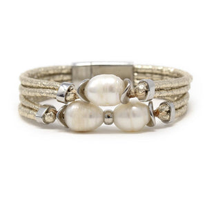 Gold Leather Bracelet With Pearls Station - Mimmic Fashion Jewelry