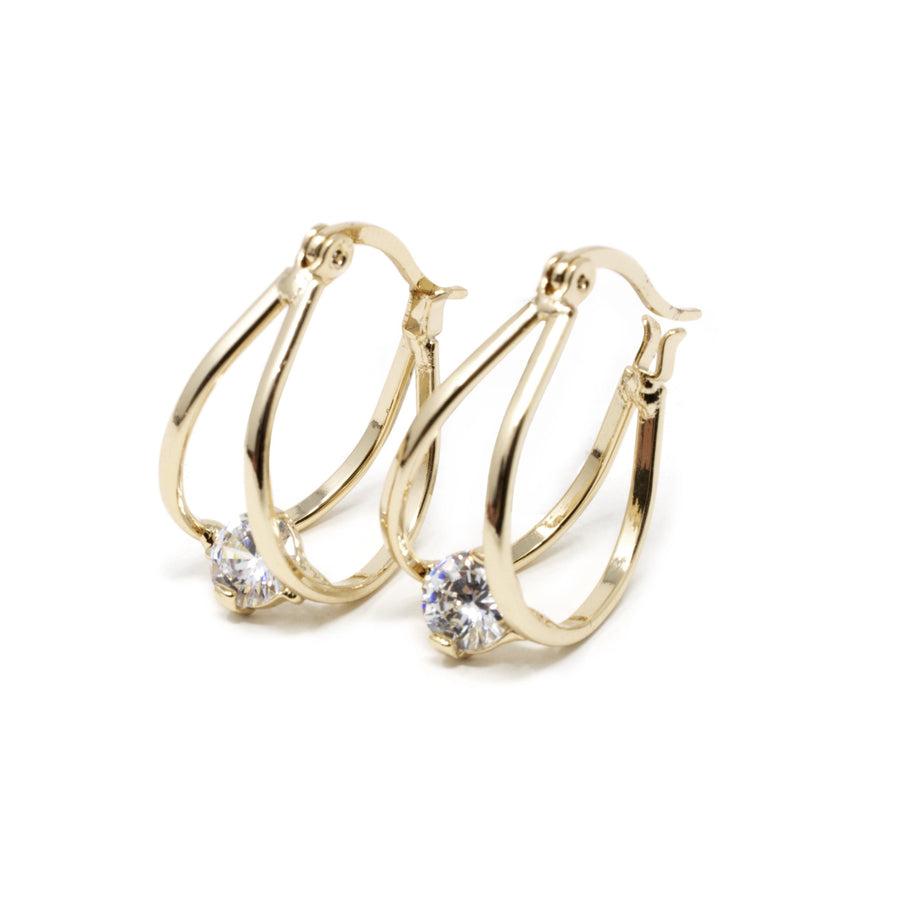 Gold Plated Two Bar Hoop Earrings with Single CZ - Mimmic Fashion Jewelry