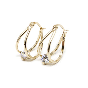 Gold Plated Two Bar Hoop Earrings with Single CZ - Mimmic Fashion Jewelry