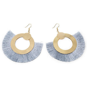 Gold Tone Bohemian Tassel Drop Earrings Grey - Mimmic Fashion Jewelry