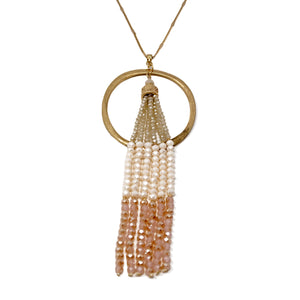 Gold Tone Necklace With Glass Bead Tassel Pink - Mimmic Fashion Jewelry