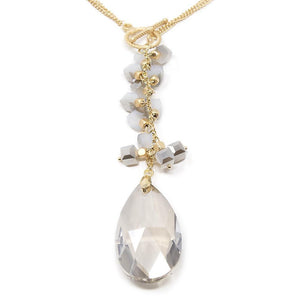 Gold Tone Two Layer Long Necklace with Glass Teardrop Grey - Mimmic Fashion Jewelry