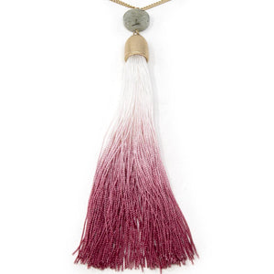Gold Toned Long Necklace with Fabric Tassel Burgundy - Mimmic Fashion Jewelry